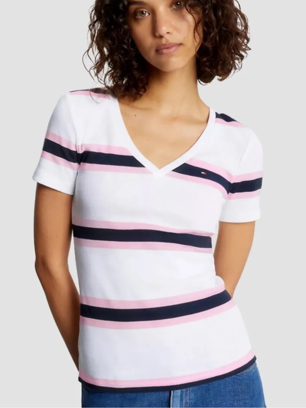 Tommy Hilfiger Womens V-Neck Striped Knit Top